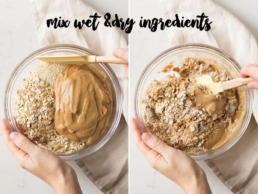 Mixing wet and dry ingredients in a bowl for cookies