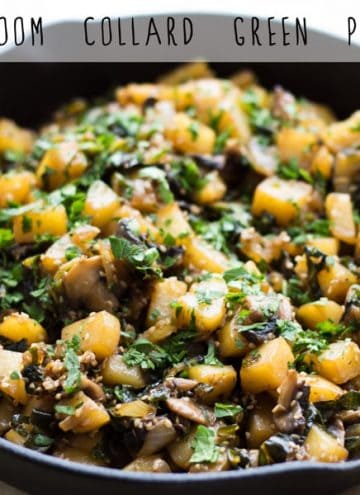 Mushroom Collard Green Potatoes in a black pan.