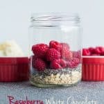 Dry ingredients for Raspberry White Chocolate Overnight Oats in a mason jar.