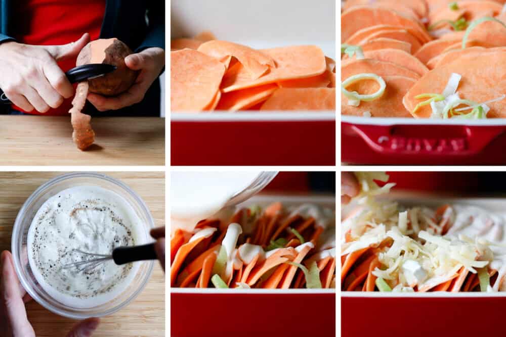 Photo collage of step-by-step instructions on how to make sweet potato gratin.
