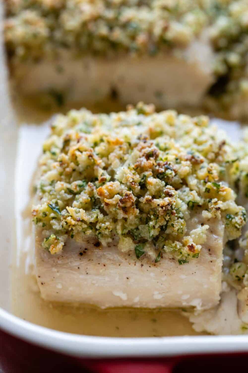 Close up of Almond Parmesan Crumbles on a Mahi Mahi filet.
