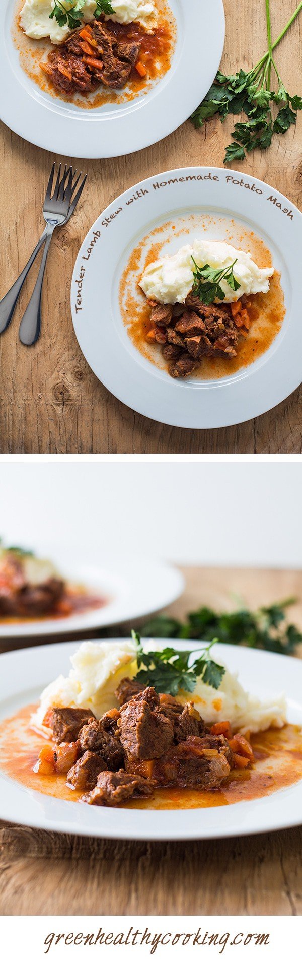 Collage of Tender Lamb Stew with Homemade Potato Mash images with text overlay for Pinterest.