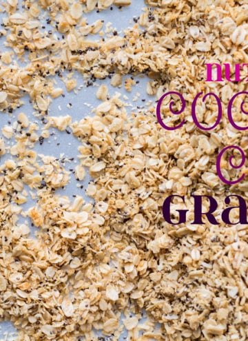 Nutfree Coconut Chia Granola laid out on a sheet pan with text overlay.
