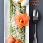 Top view of Parmesan Asparagus with Smoked Salmon on rectangular plate with a fork and text overlay.