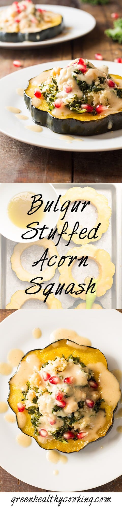 Collage of Bulgur Stuffed Acorn Squash images with text overlay for Pinterest.