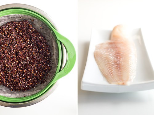 Left: Black quinoa in a strainer basket resting on a bowl. Right: raw haddock on a white rectangular plate.