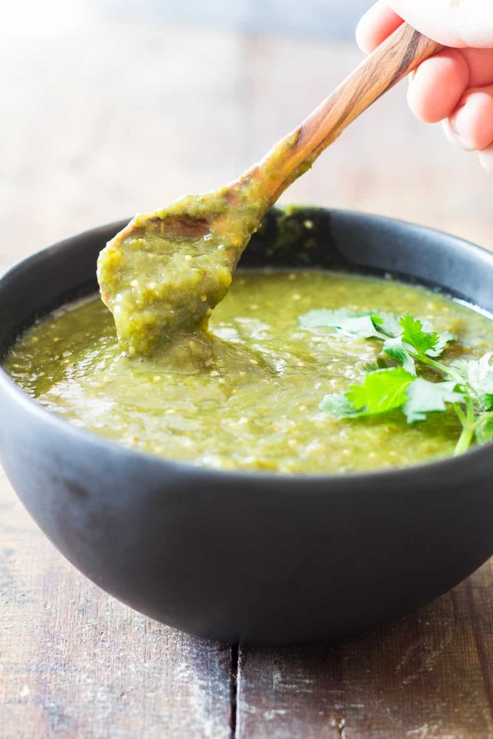 Authentic Salsa Verde in a black bowl
