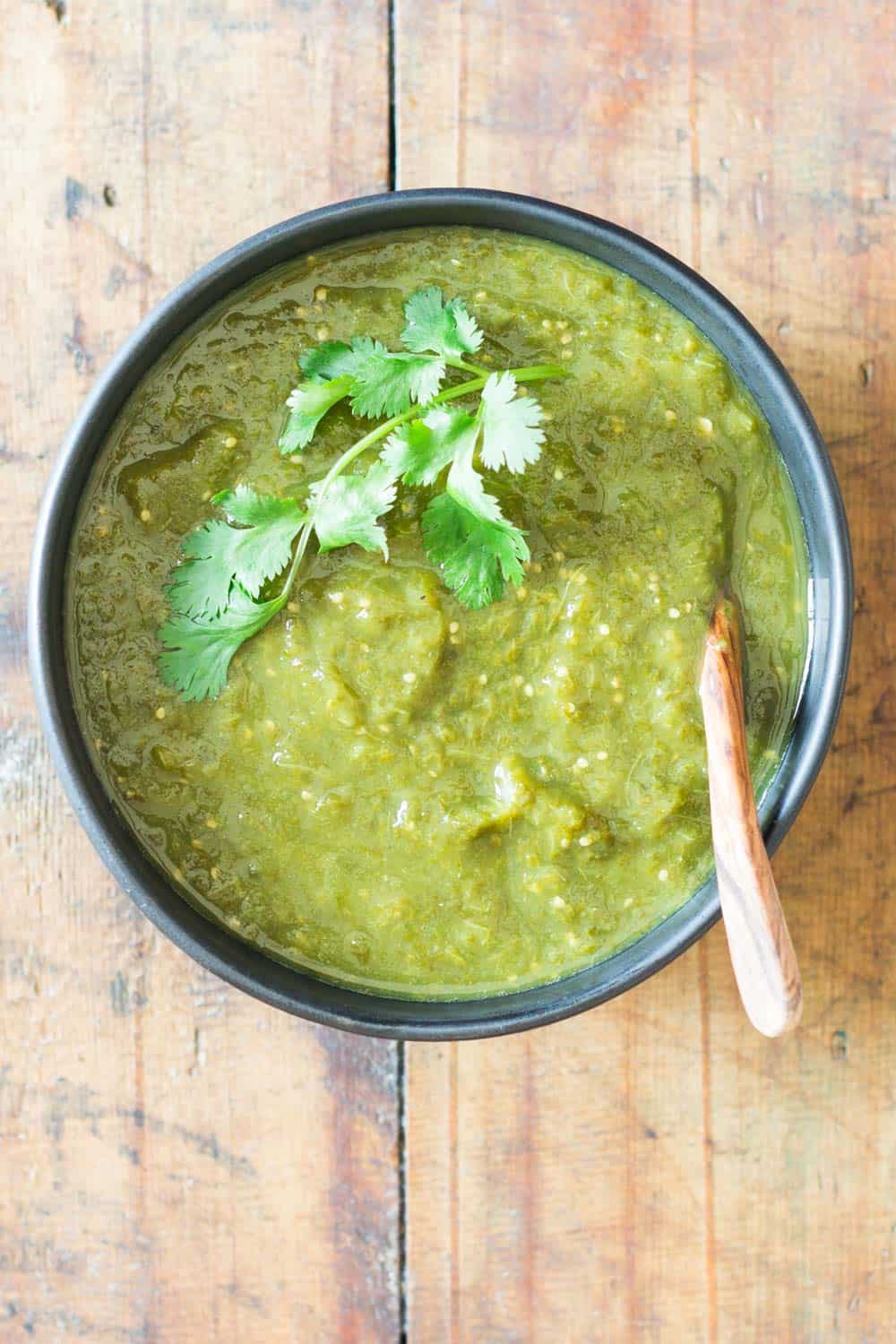 Authentic Mexican Salsa Verde in a black bowl