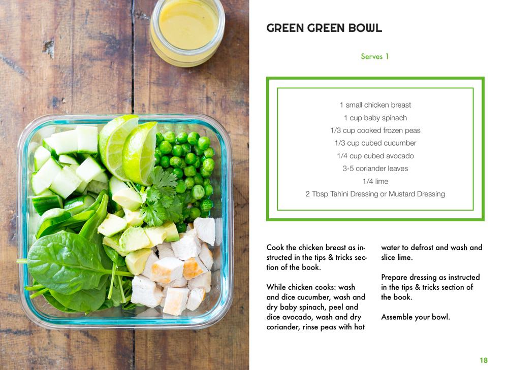 Sample page of TWENTY e-book showing a green bowl salad in a glass container, and the recipe on the side.