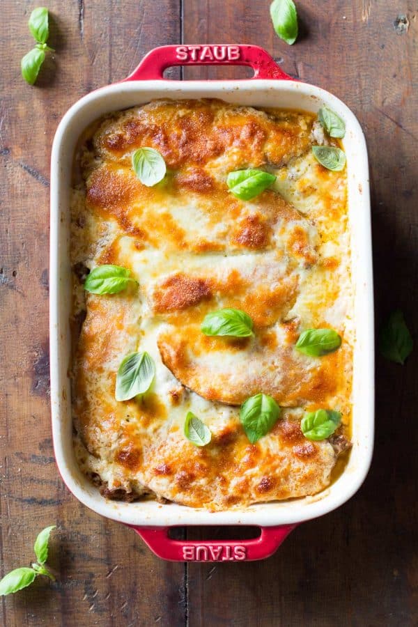 Sweet potato lasagna in a red casserole dish