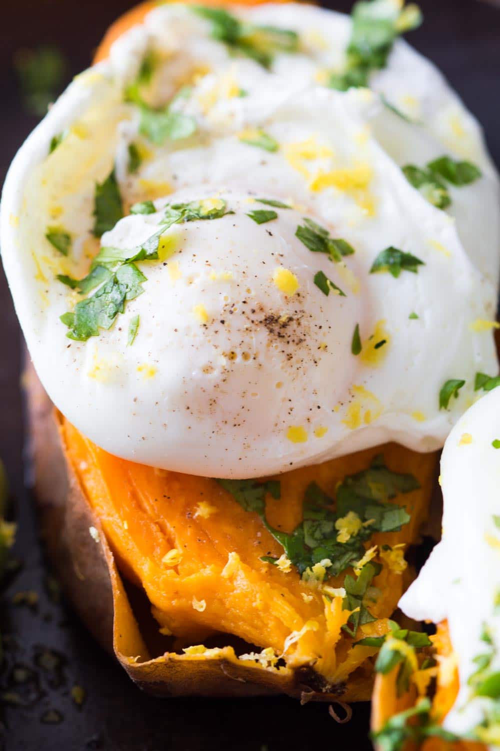 Baked sweet potatoe with a poached egg on top and sprinkled with herbs.