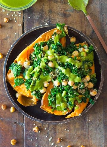 Kale Chickpea Quinoa Stuffed Sweet Potato with green sauce