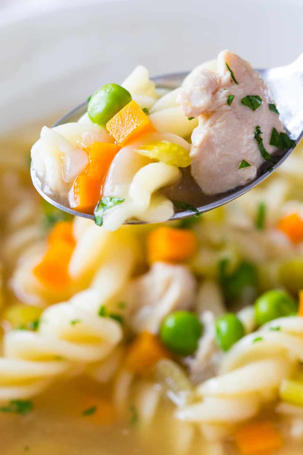 Close up of a spoon showing the instant pot noodle soup. Noodles, chicken and veggies.