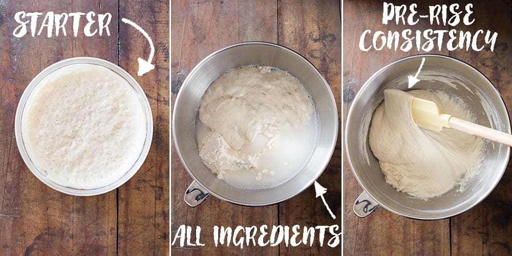 Starter, all ingredients and kneaded bread dough for artisan bread.