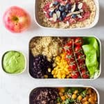 Meal prep containers filled with all the food for the vegan meal plan with text overlay for Pinterest.