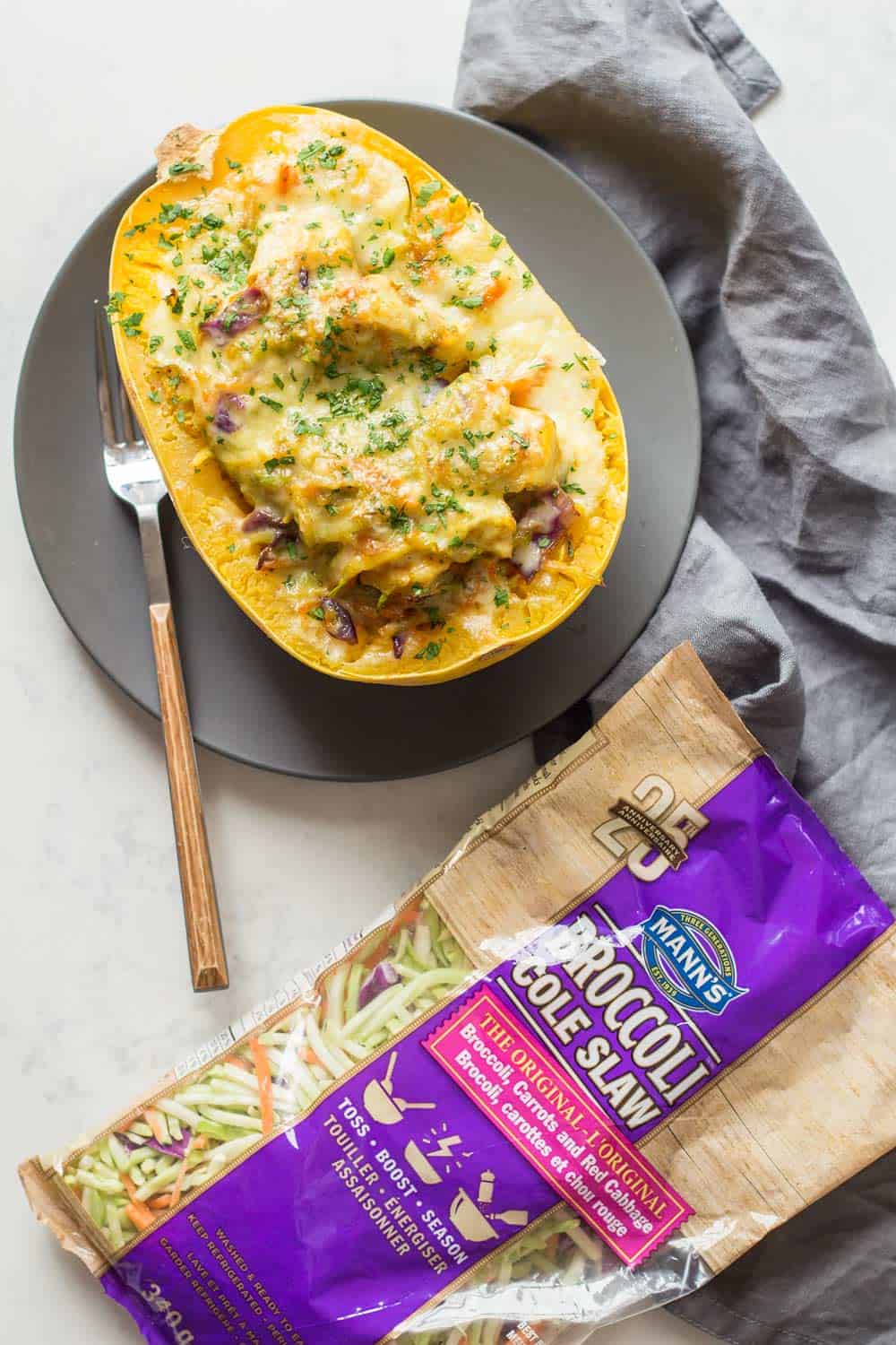 Chicken and Spaghetti Squash with bag of broccoli slaw