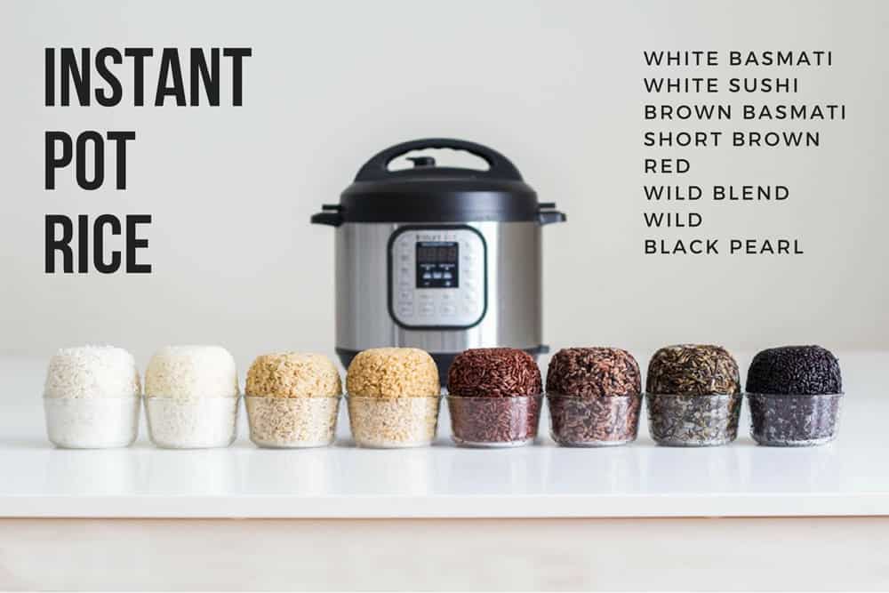 8 different types of cooked rice in bowls in front of a pressure cooker