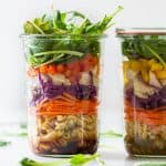 Healthy Chicken Pasta Salad layered in a glass jar.