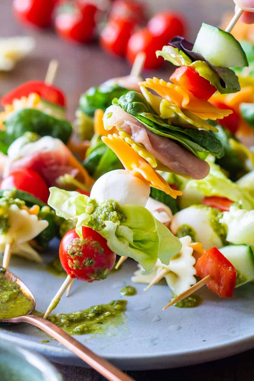 Close up of one Antipasto Skewer Recipe