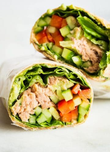 Healthy Tuna Wrap cut in two halves.