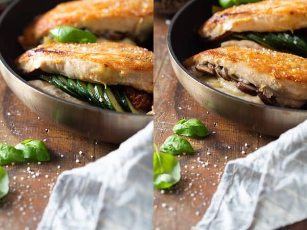Close-Up Stuffed Chicken Breast in a skillet
