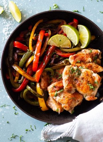 Chicken Fajitas in a cast iron skillet