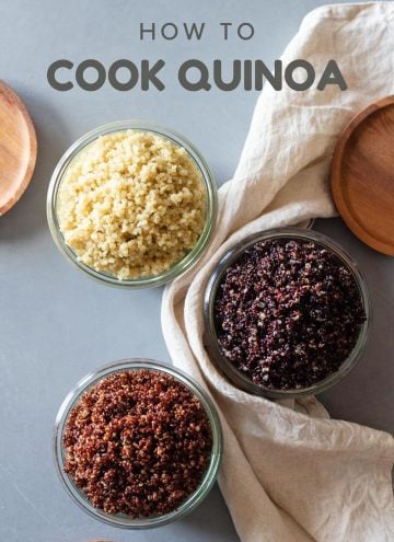 how to cook quinoa recipe White quinoa, red quinoa, and black quinoa in jars with title How To Cook Quinoa