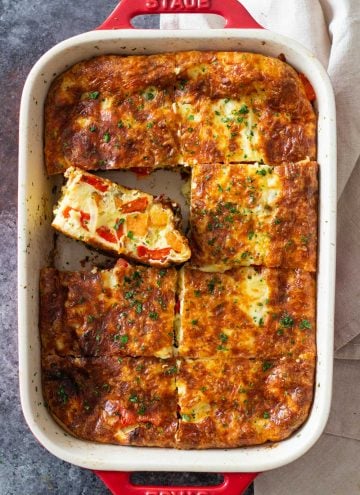 Sweet potato breakfast casserole in a red baking dish
