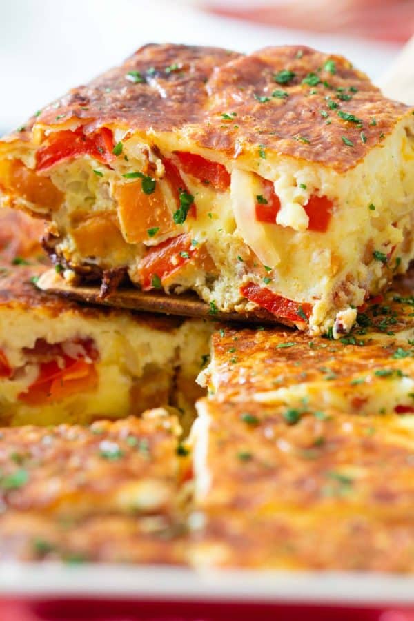 Closeup of a piece of breakfast casserole