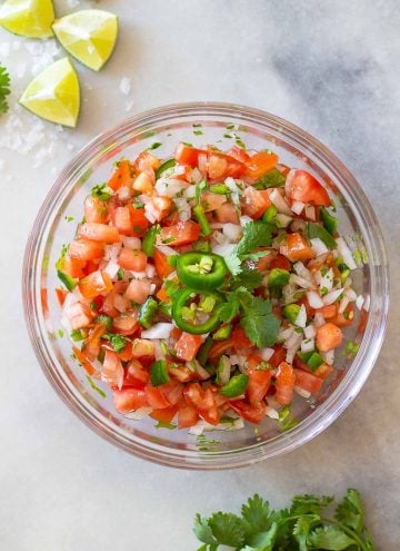 Pico de gallo in a glass bowl