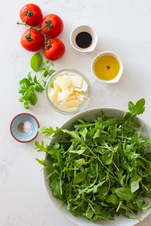 Arugula Salad Ingredients showed individually one next to the other