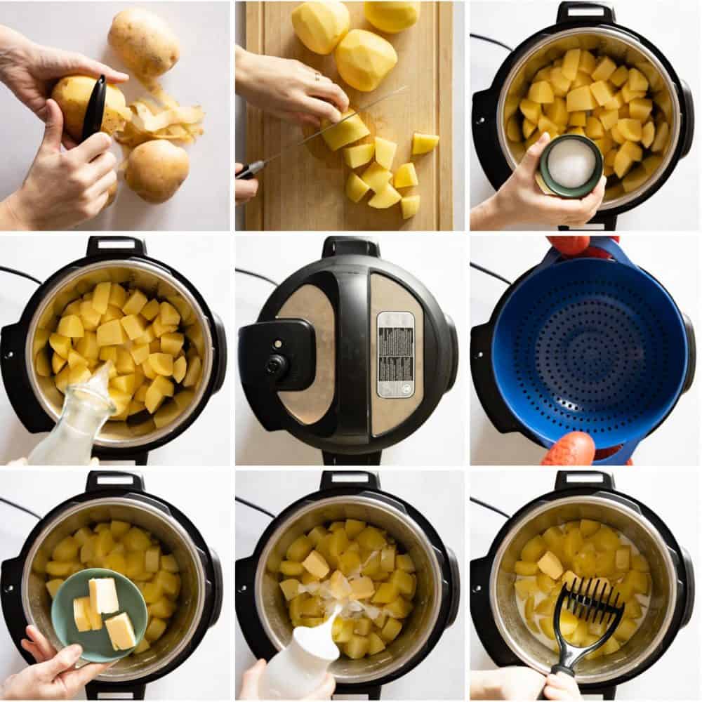 Photo collage of step by step instructions of how to make mashed potatoes in the Instant Pot. Instant Pot Mashed Potatoes recipe