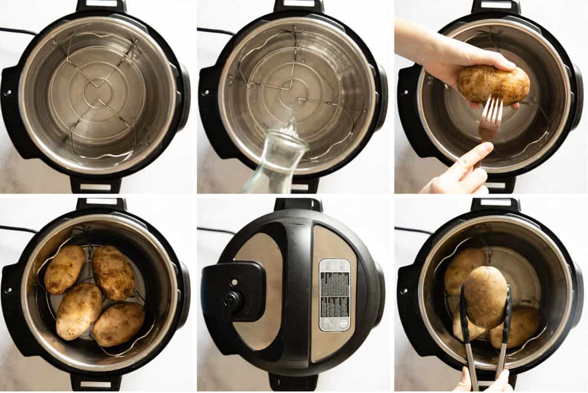 Photo collage of instant pot cooking process for baked potatoes. Step-by-step photo instructions.