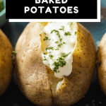 Close up of a baked potato topped with sour cream and chopped parsley with text overlay for Pinterest.