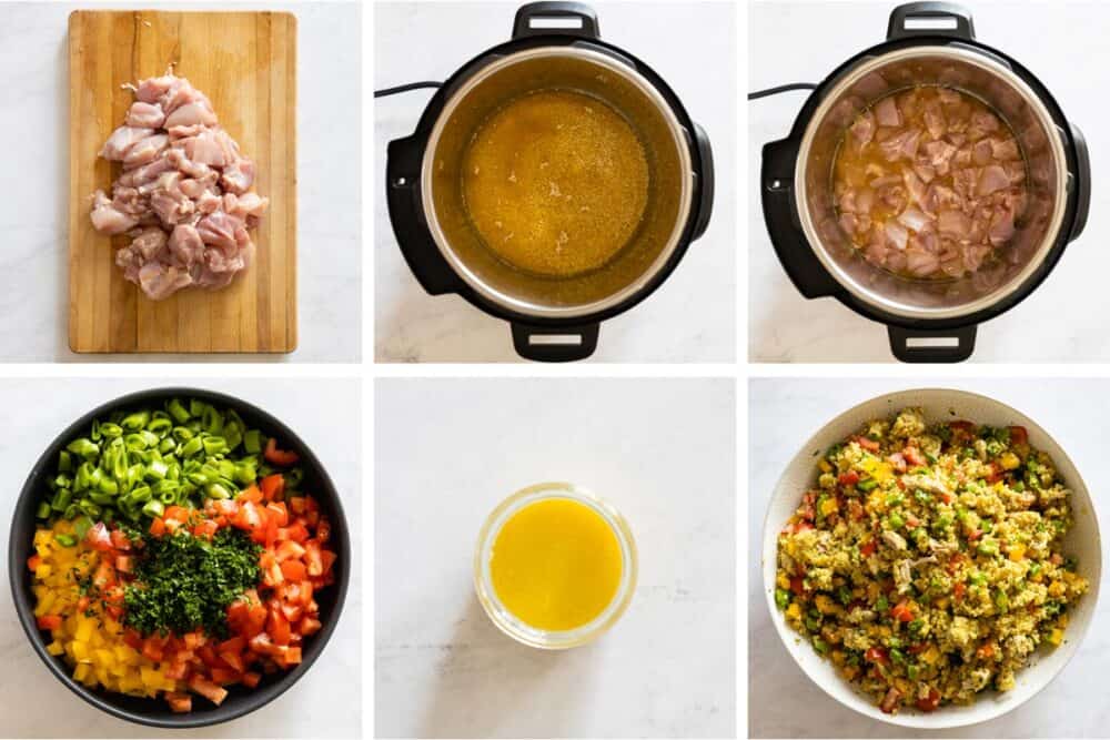 Photo collage of step-by-step process of making chicken quinoa meal prep bowls.