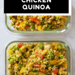 Two Chicken Quinoa Meal Prep Bowls on a kitchen counter with text overlay for Pinterest.