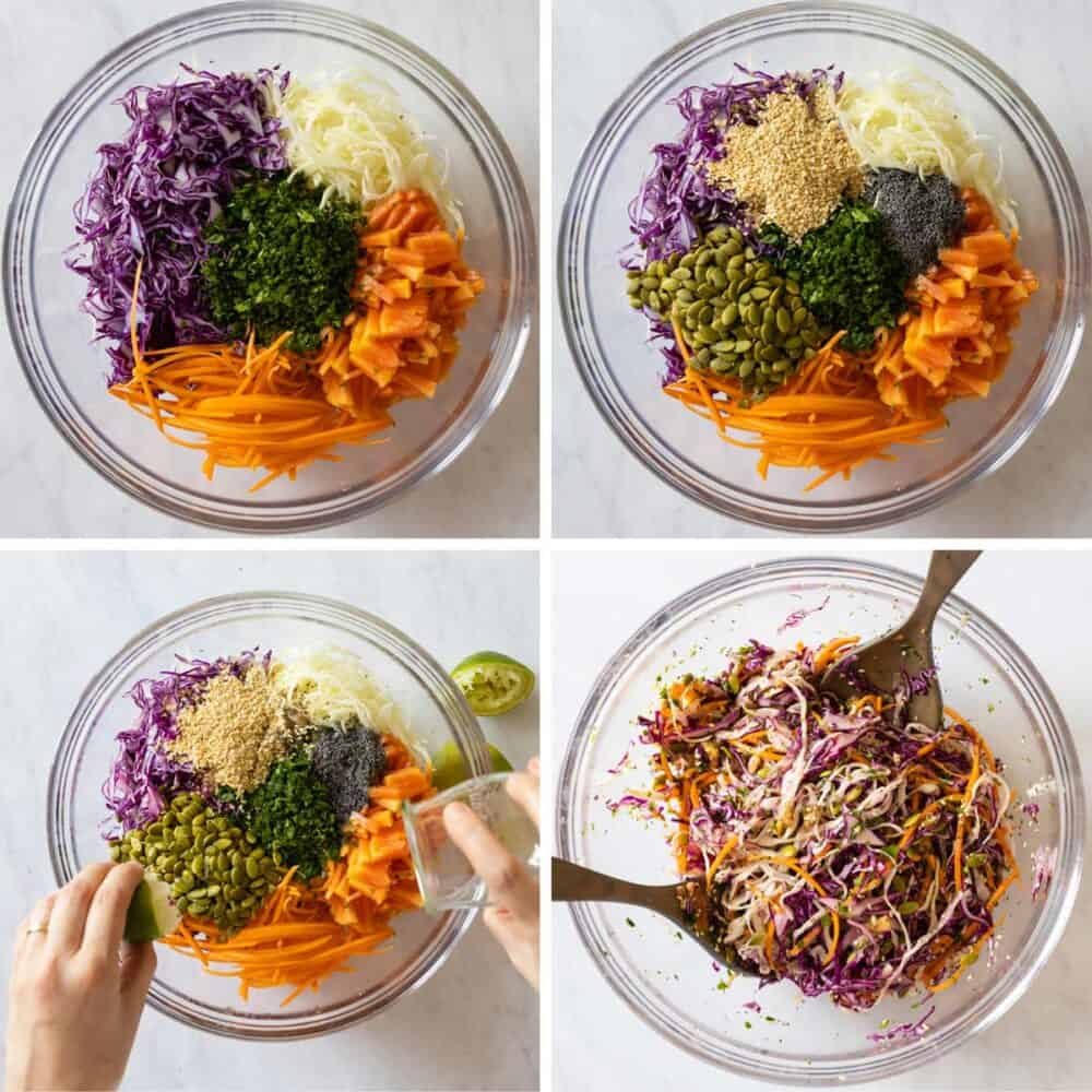 Photo collage of step-by-step process of how to make healthy coleslaw..