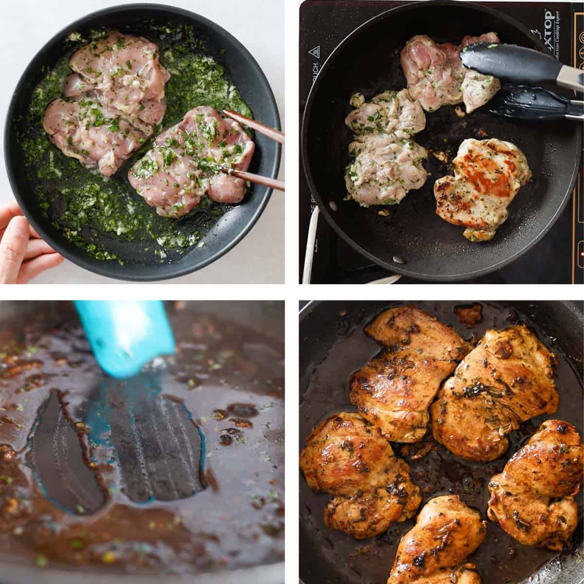 Photo collage of step-by-step process of how to make cilantro lime chicken thighs.
