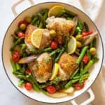 Finished Mediterranean Chicken Dinner in a white pan.