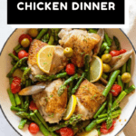 Finished Mediterranean Chicken Dinner in a white pan with text overlay for Pinterest.
