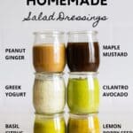 6 glass jars with salad dressings with title reading "6 healthy homemade salad dressings".