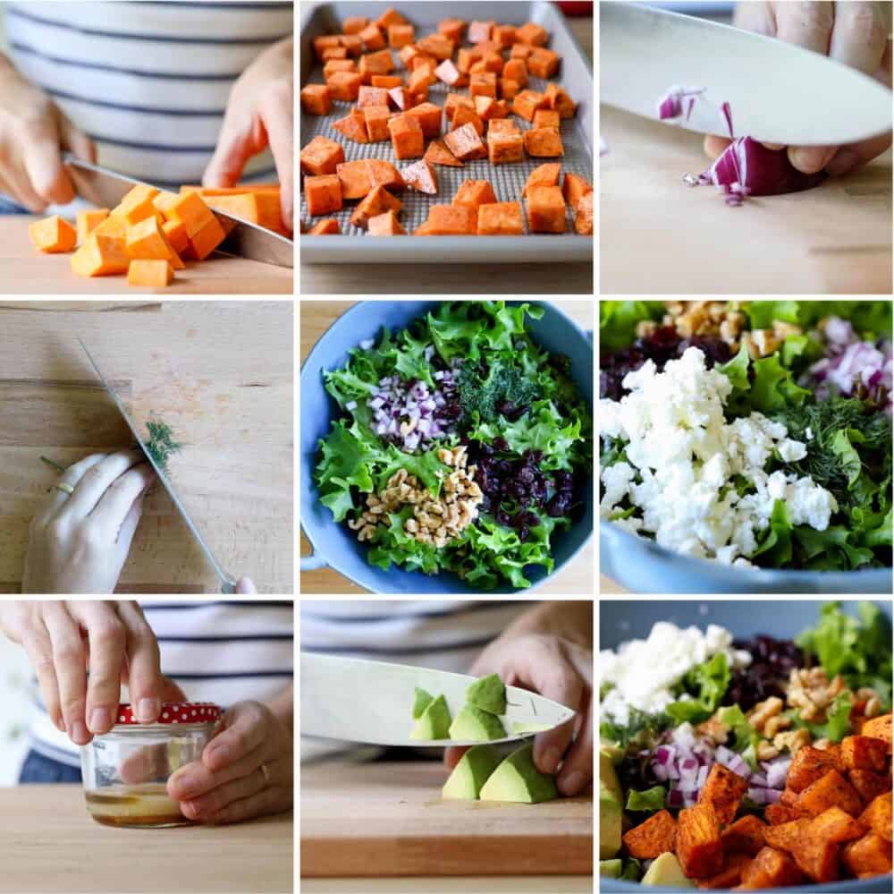 Photo collage of step-by-step process of how to make a roasted sweet potato salad.