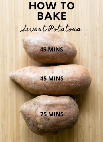 3 sweet potatoes of different sizes on kitchen counter and text overlay reading "how to bake sweet potatoes" and minutes indicated.