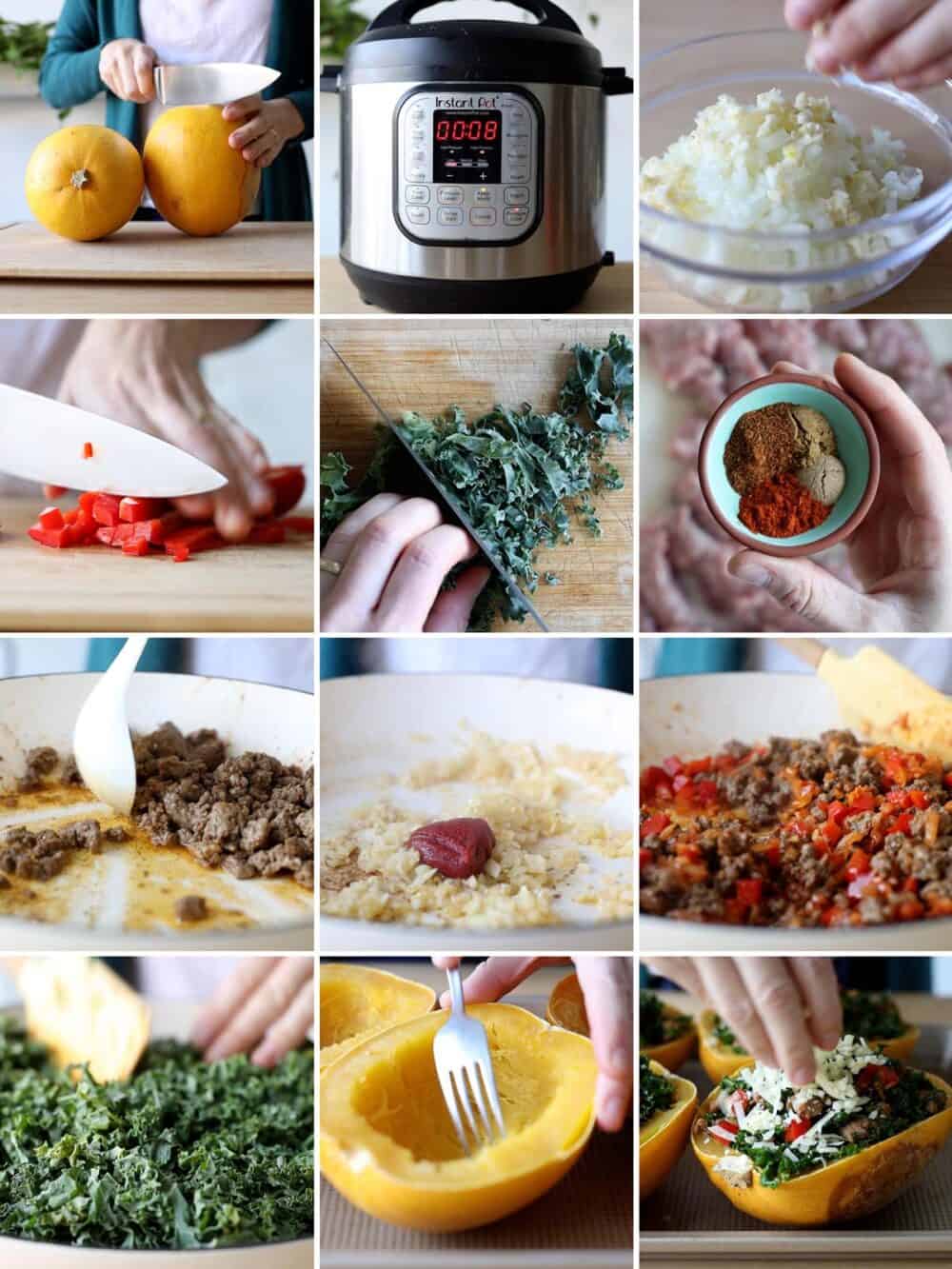 Photo collage of step-by-step process of how to make stuffed spaghetti squash.