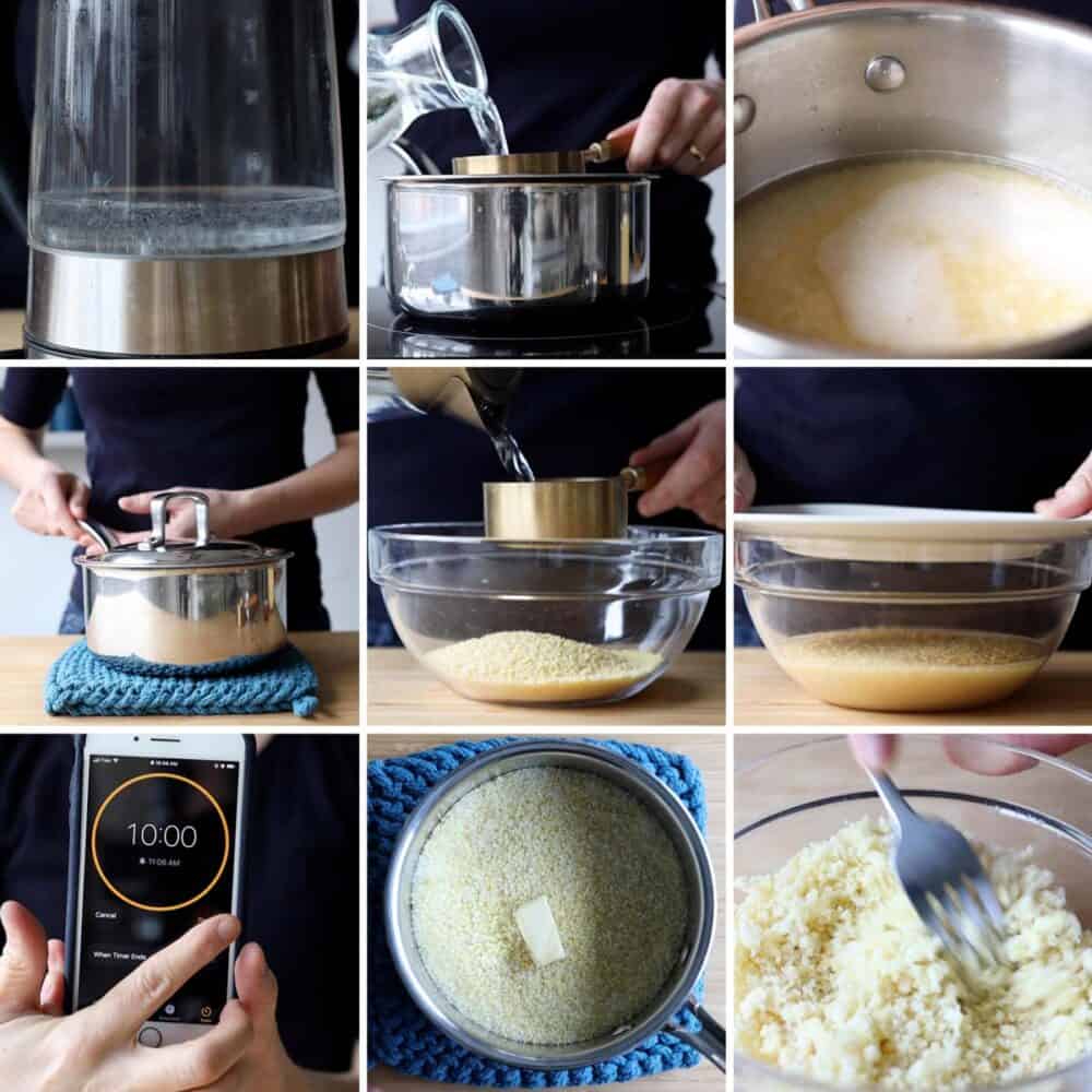 Photo collage of step-by-step process of how to cook couscous on the stove or in a bowl.