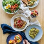 All 6 brunch ideas next to each other on a kitchen counter.