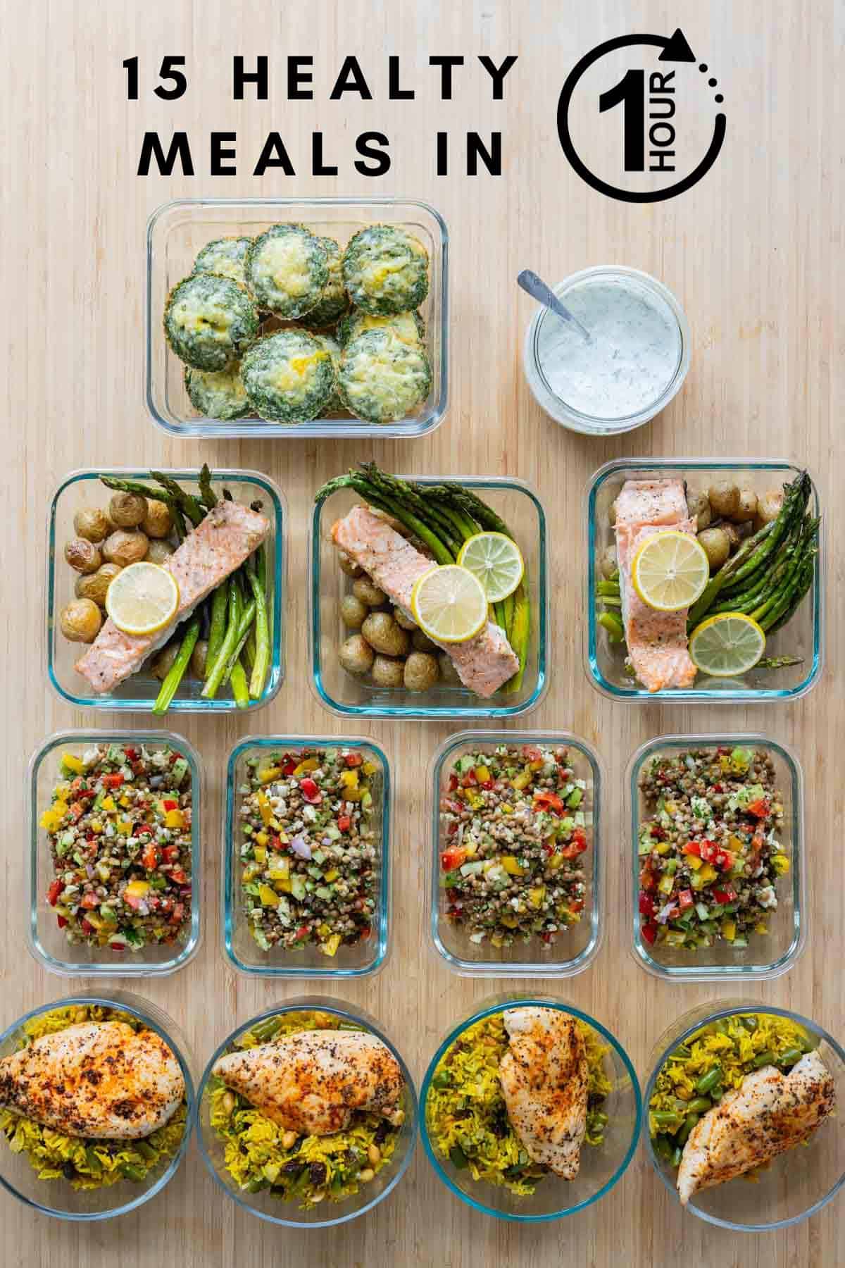 15 Healthy Meals in meal prep containers laid out on a kitchen counter.