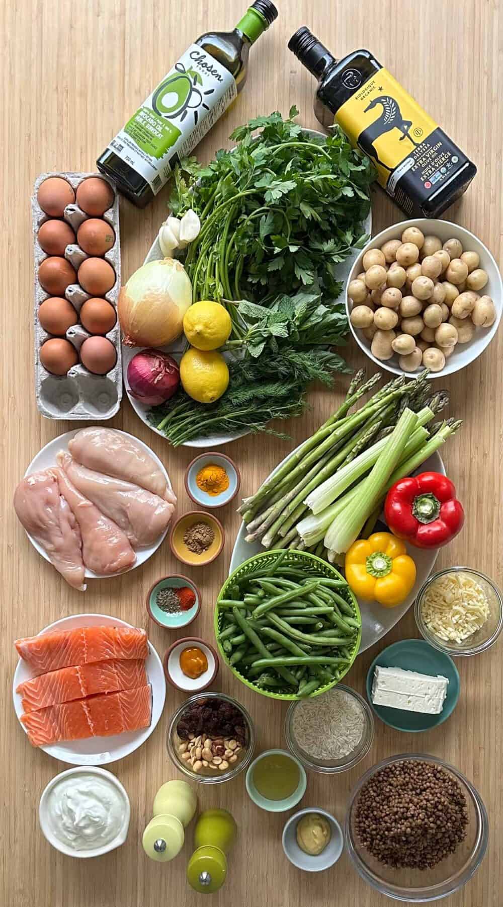 Ingredients for meal prep session 15 meals in one hour episode 2 all laid out on a kitchen counter.