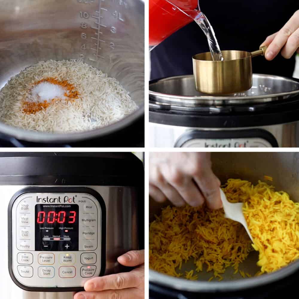 Photo collage of step-by-step process to make yellow rice in the Instant Pot.