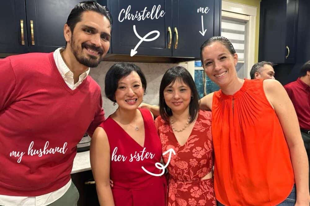 Me, my Mauritian friend Christelle, her sister, and my husband in a photograph.